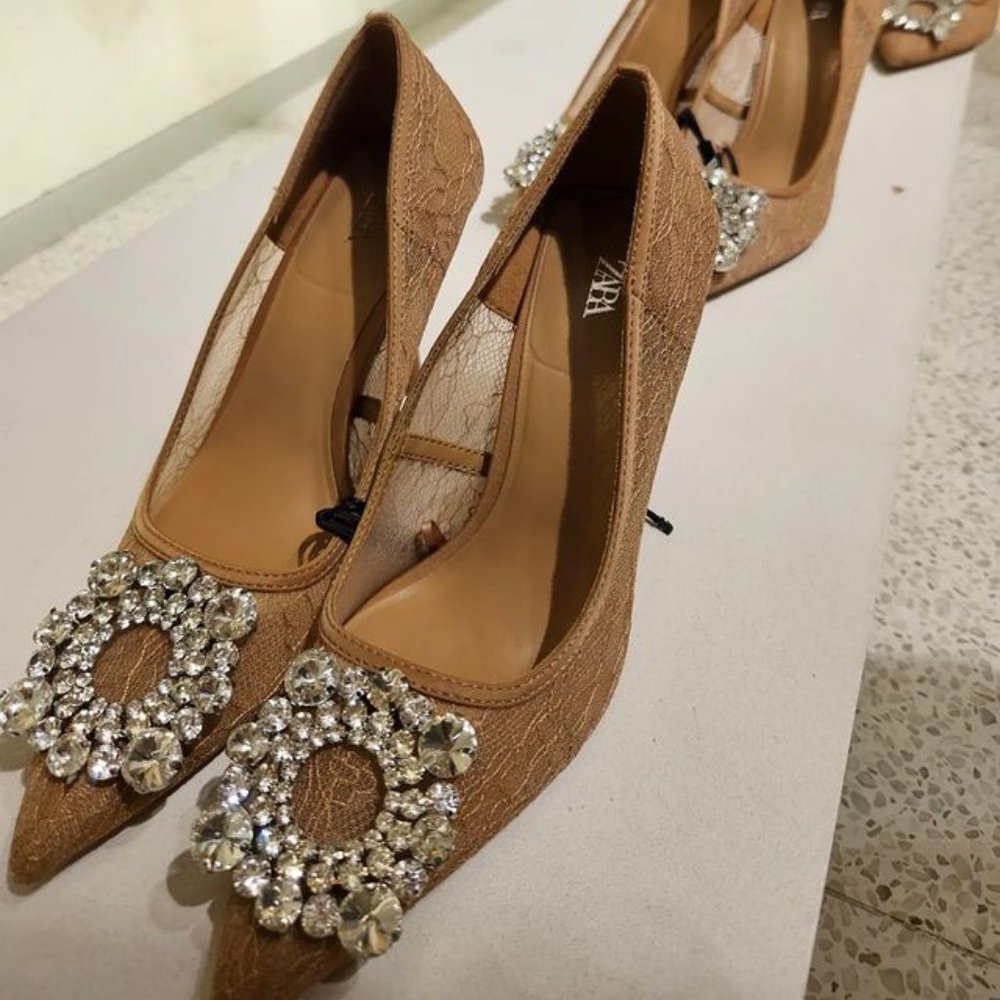Zara Beige Lace Embellished High Heeled Shoes Sz 10 NWT - Picture 9 of 14